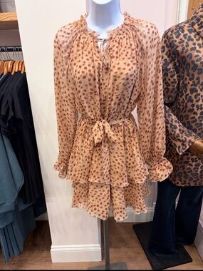 Lucy Paris Beige and Brown Long Sleeve Tiered Mini Dress